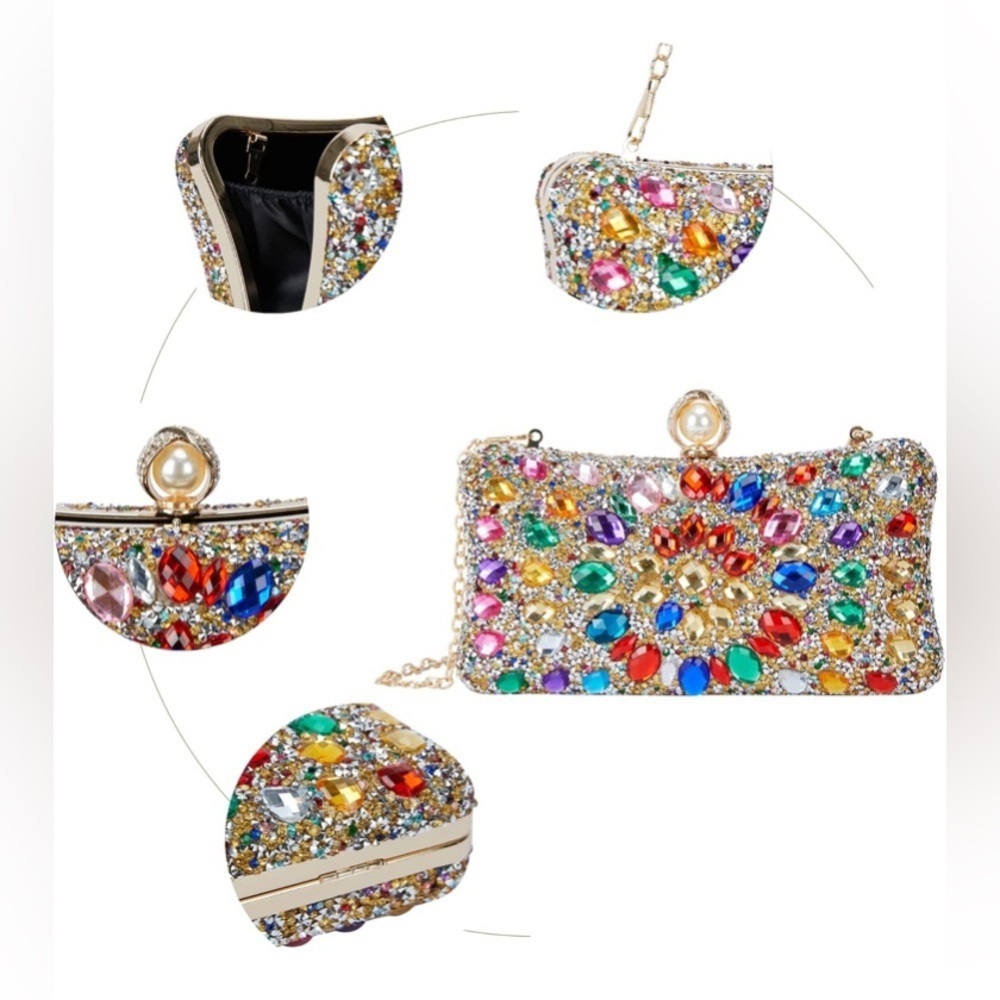 Multicolor Rhinestone Clutch w/Chain Strap - Picture 4 of 9